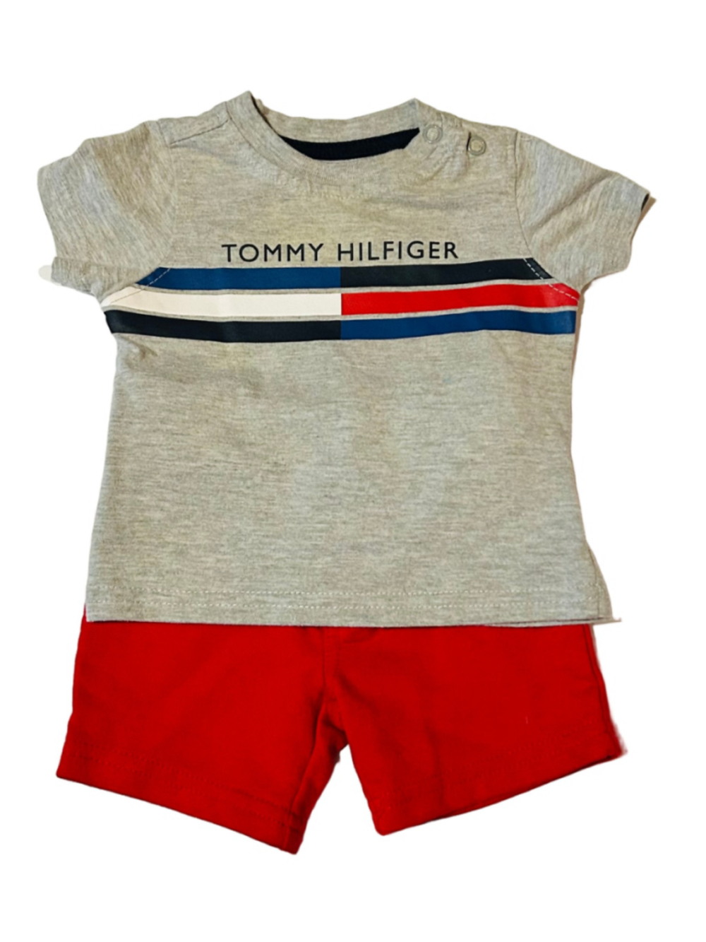 Tommy Hilfiger Baby 2pc Shorts Set Logo Tee & Shorts 3-6M Gray/Red